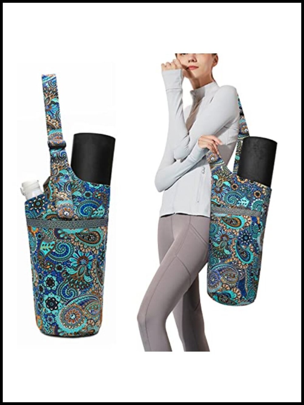 Cotton Canvas Yoga Mat Bag Cylinder Floral Shoulder Strap Large Zipper Pocket